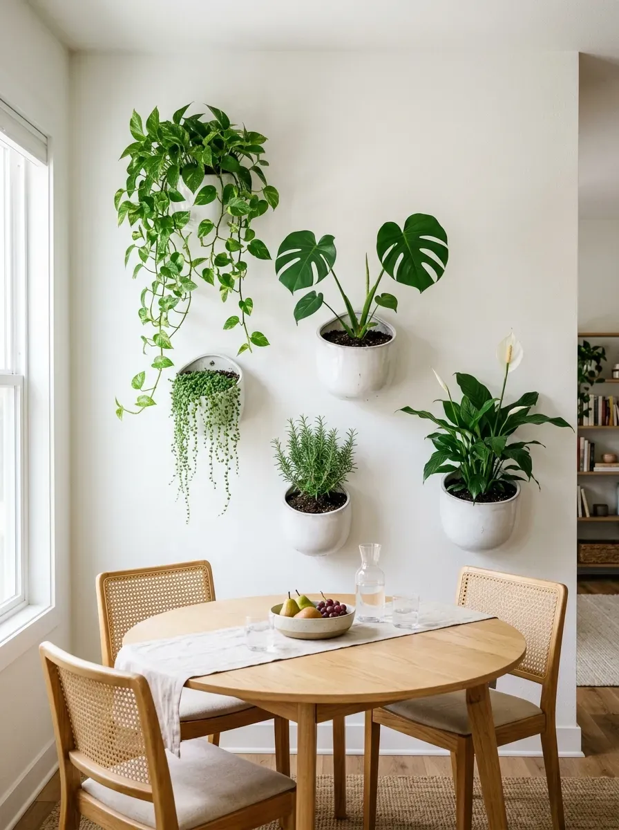 Five staggered white ceramic wall planters with lush trailing and upright houseplants on white wall
