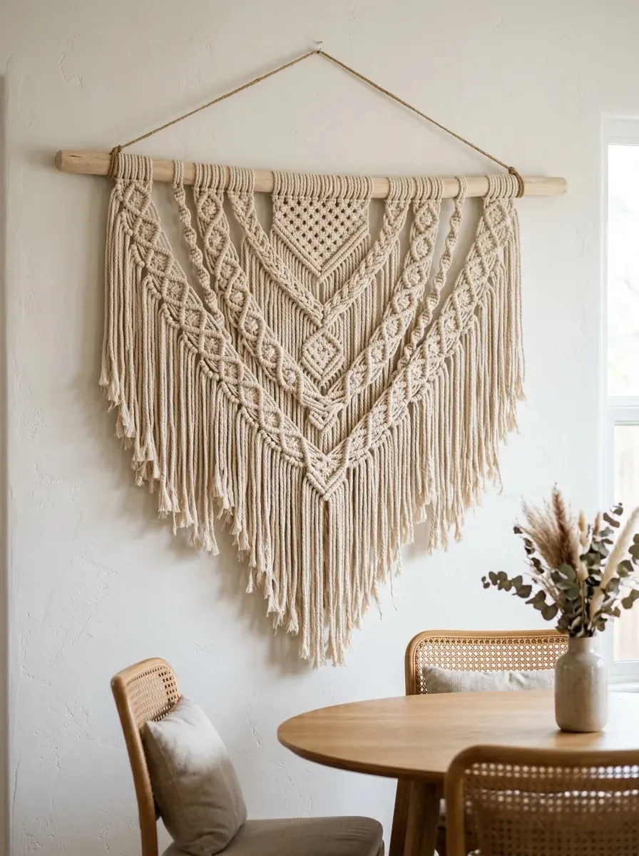 Handmade cream macrame wall hanging on driftwood dowel above round rattan dining chairs