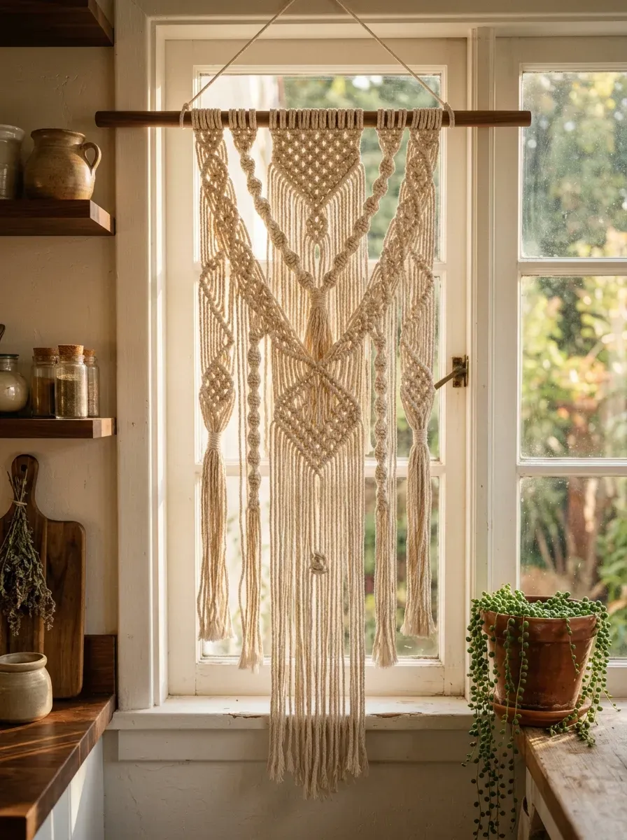 Hand-knotted cream macramé hanging on wooden dowel filtering afternoon light in bohemian kitchen