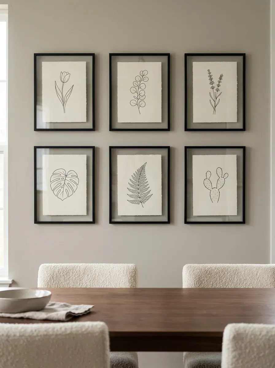 Six identical black frames in two rows displaying minimalist botanical ink prints on greige wall