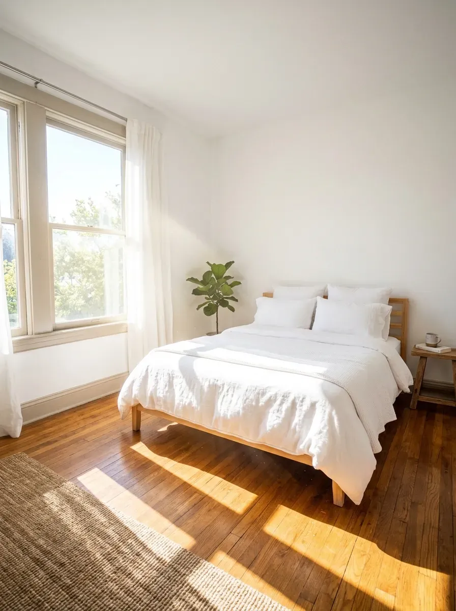 Bright sunlit bedroom morning with sheer curtains open, light flooding white walls and warm wood floors
