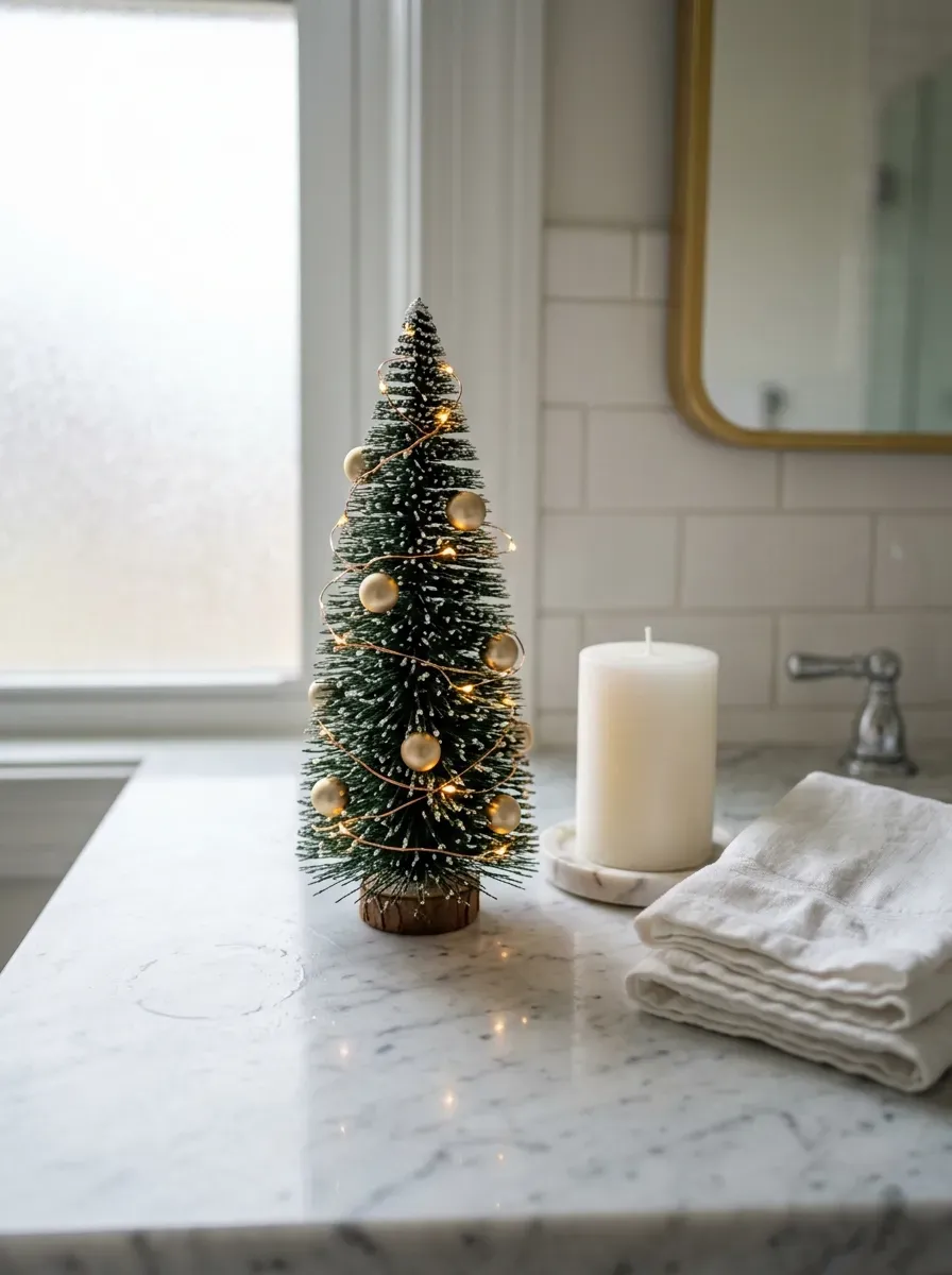Small tabletop Christmas tree with gold ornaments on a clean white bathroom counter
