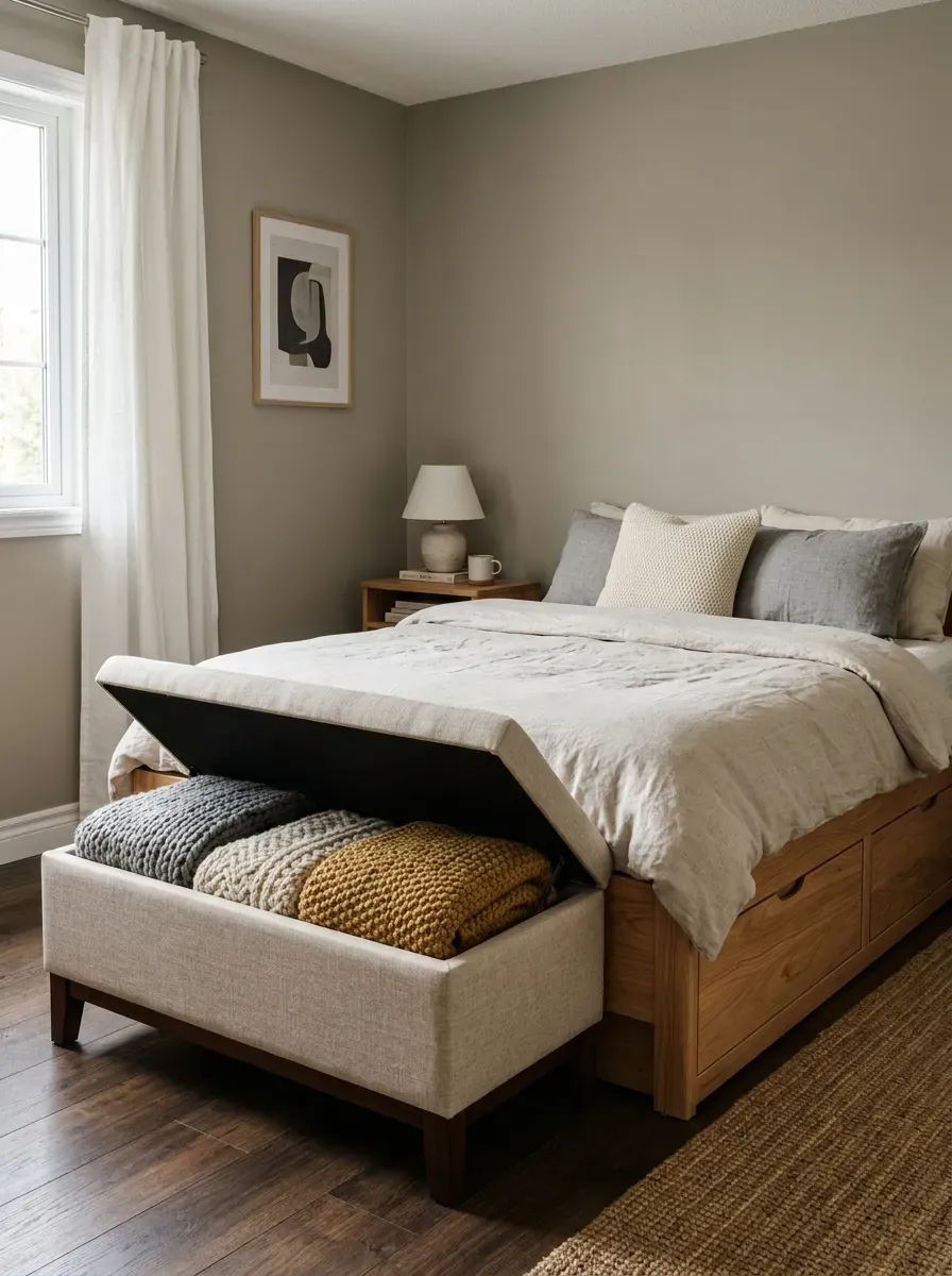 Small bedroom with ottoman storage bench open at bed foot and built-in drawer bed frame