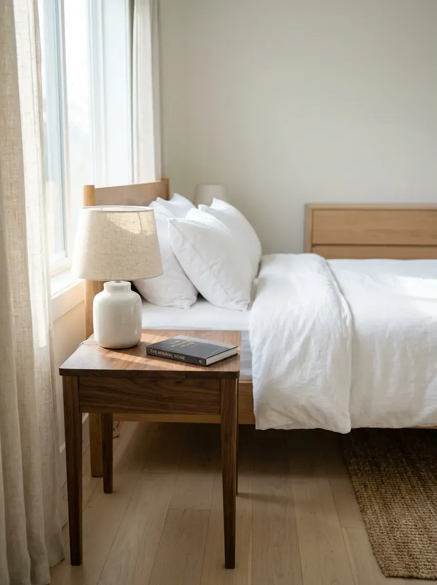 Minimalist bedroom with single lamp and book on nightstand, completely bare dresser, spotless floors