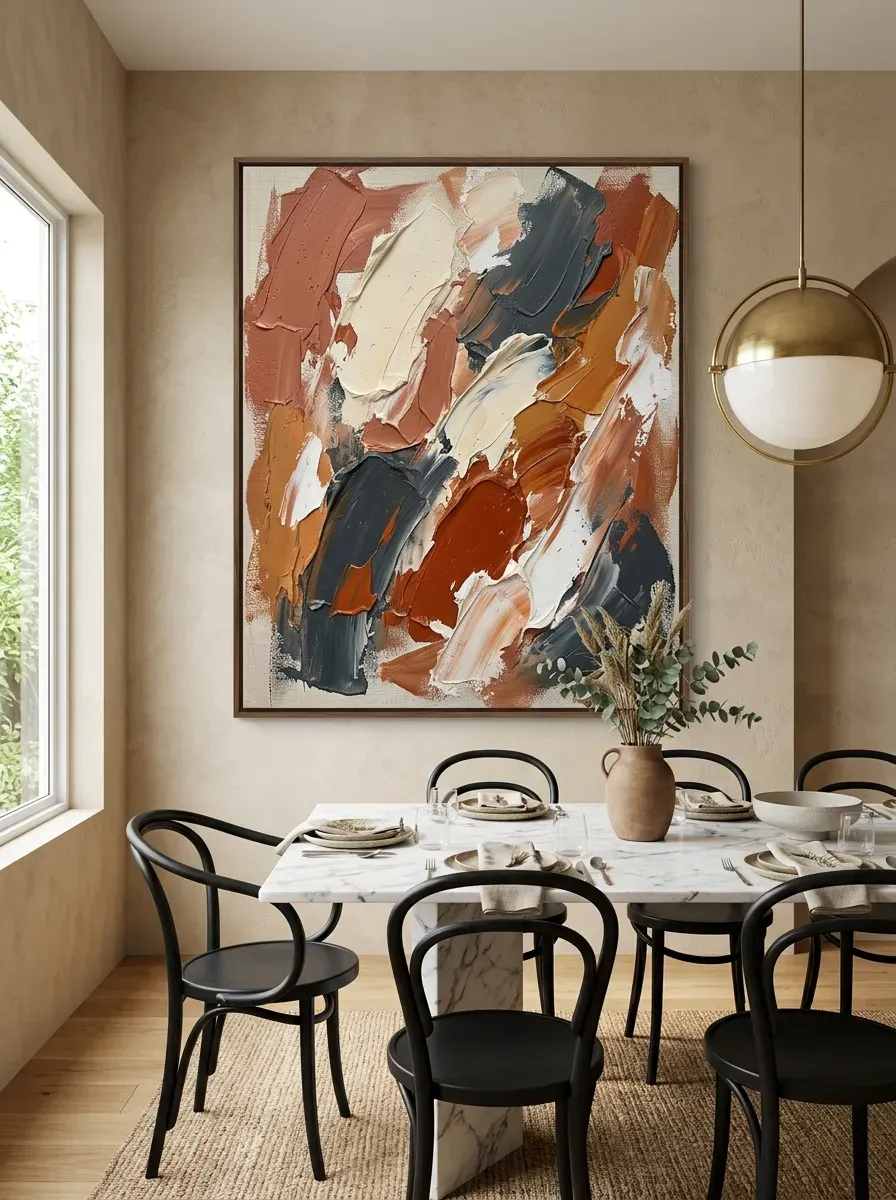Large abstract canvas with terracotta brushstrokes above a marble dining table and black chairs