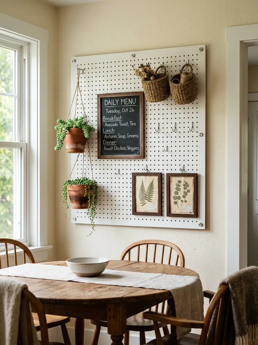 White painted pegboard with woven baskets, succulents, and pressed botanical frames on cream wall