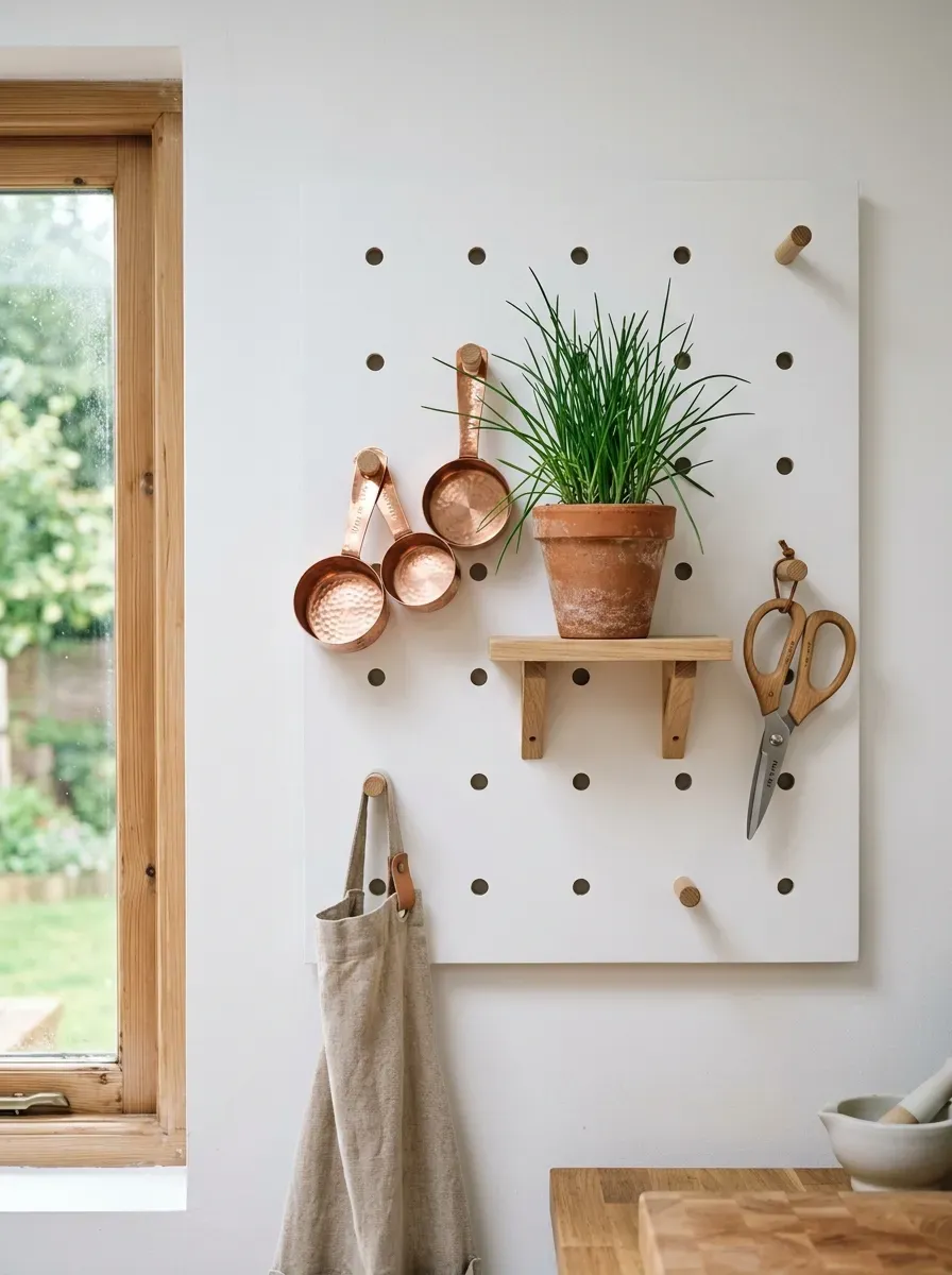 White pegboard panel beside a kitchen window holding copper tools and herb pots in Scandinavian light