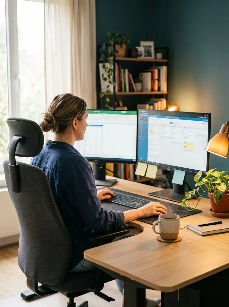 Person working comfortably at ergonomic chair with dual monitors and coffee mug
