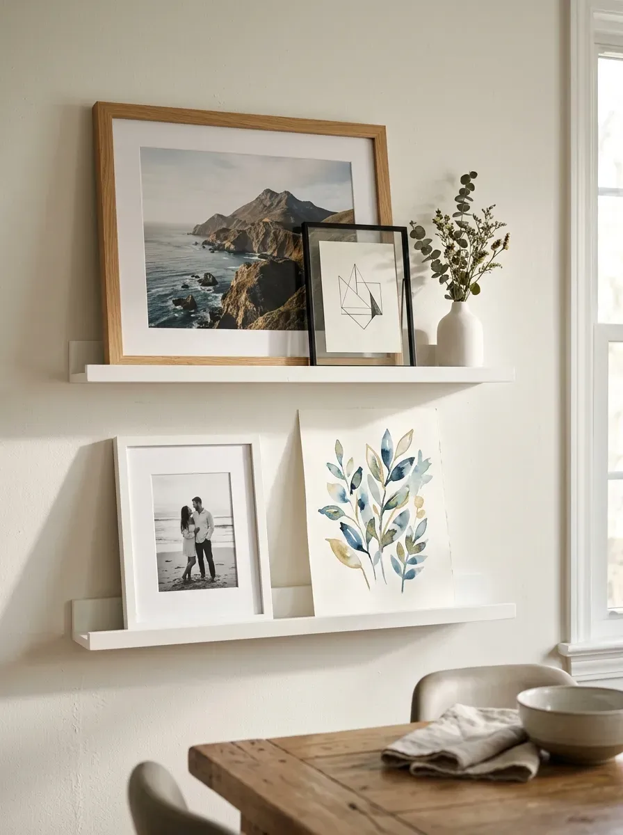 Two staggered wooden picture ledges with layered art frames and ceramic objects on warm white wall