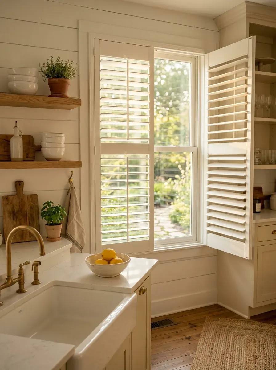 White painted plantation shutters with angled louvers beside a farmhouse kitchen sink