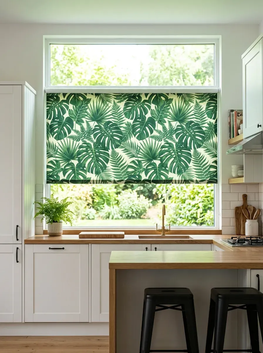 Bold botanical leaf print roller shade half-lowered over a wide kitchen window above a breakfast bar