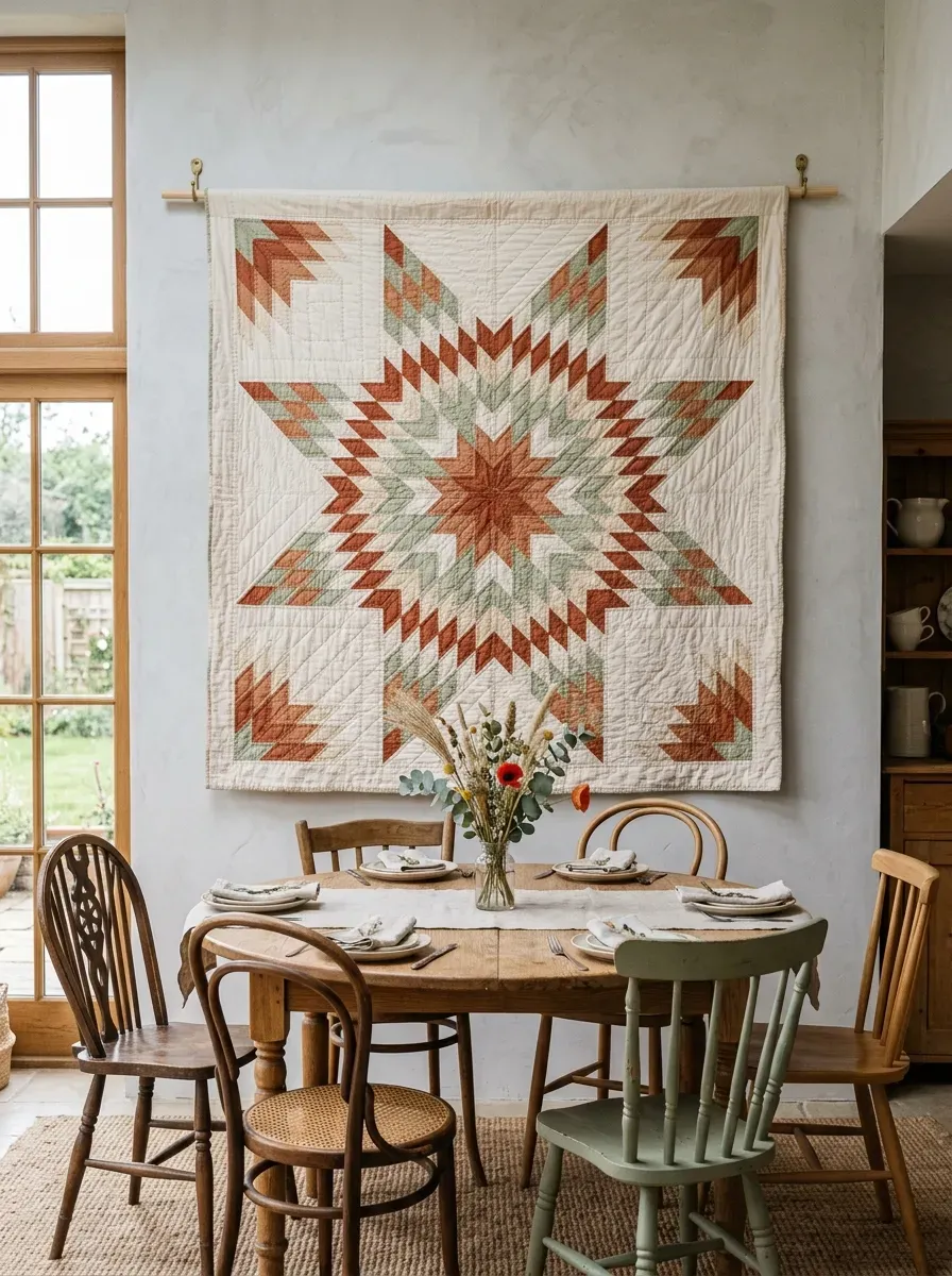 Handmade geometric star-pattern quilt in terracotta and sage on thin wooden rod wall mount