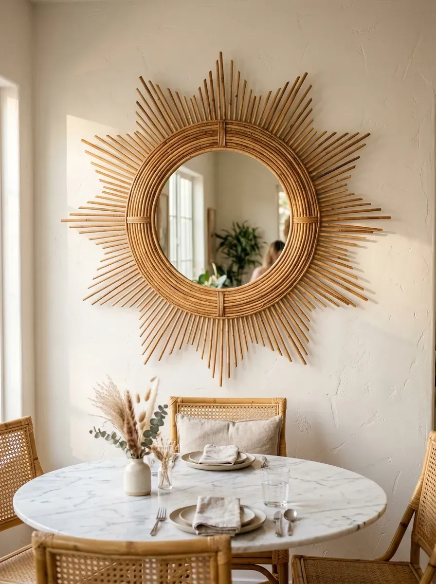 Large natural rattan sunburst mirror centered on white plaster wall above marble dining table