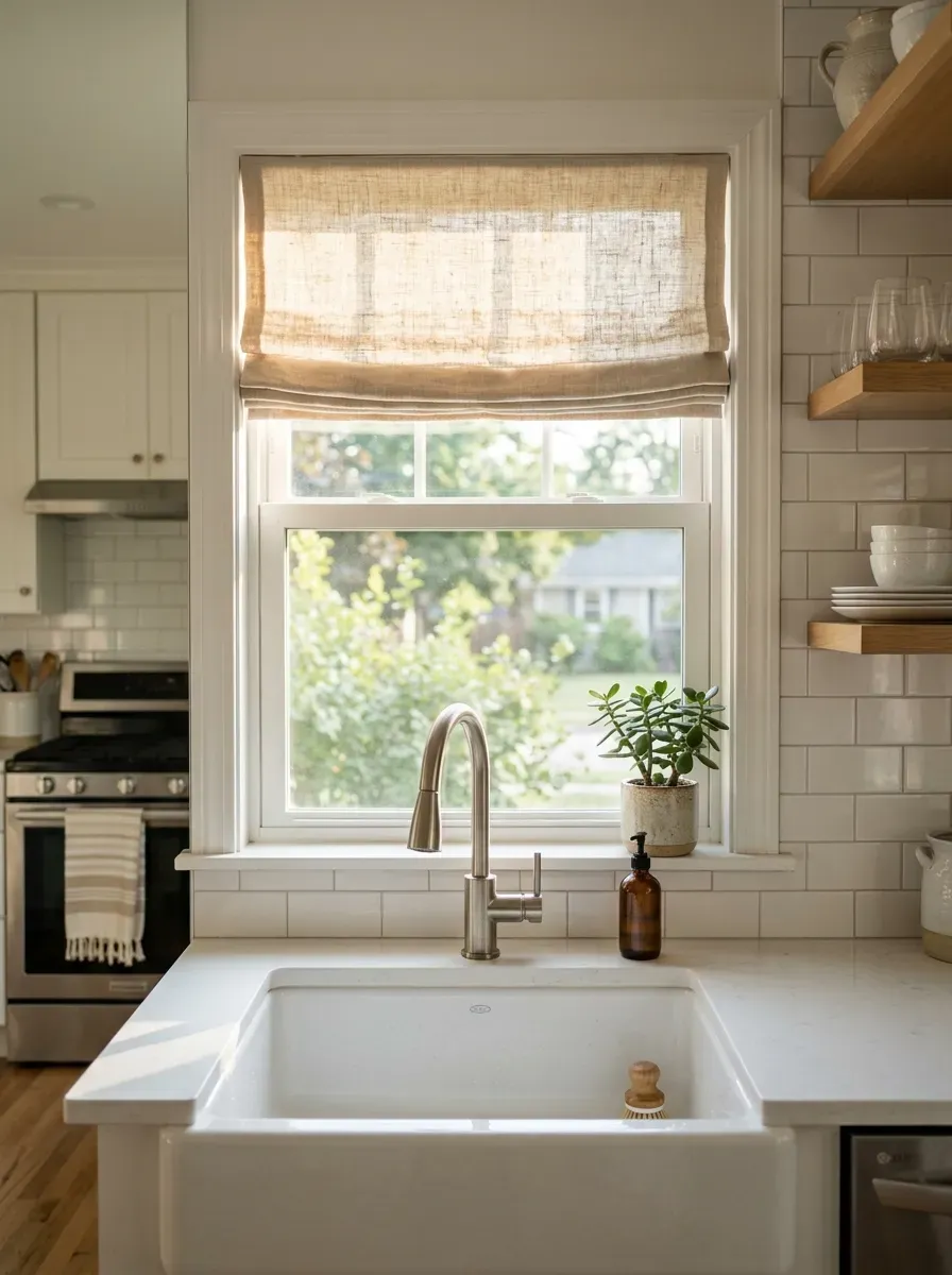 Soft linen Roman shade half-raised above a white kitchen sink in afternoon light