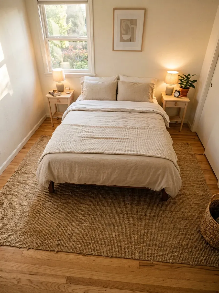 Bedroom headboard wall painted deep moody sage green contrasting with three plain white walls
