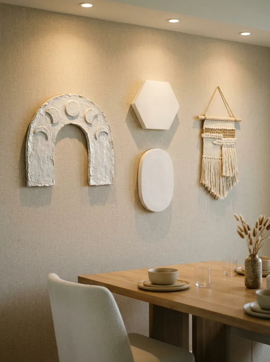Three-dimensional ceramic moon phase and fiber art objects casting shadows on an oatmeal wall