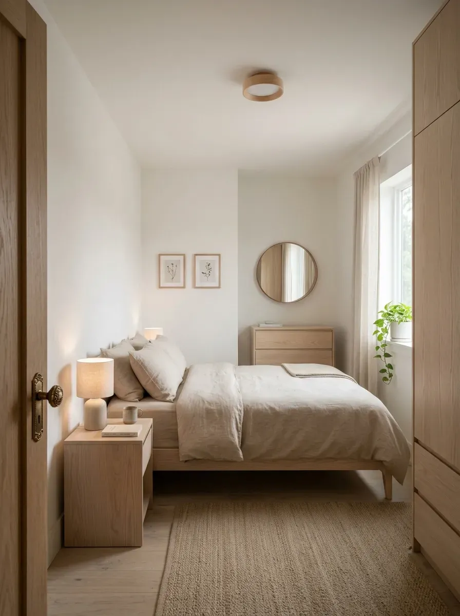 Serene small bedroom in warm white and sand tones with light wood furniture and single green plant