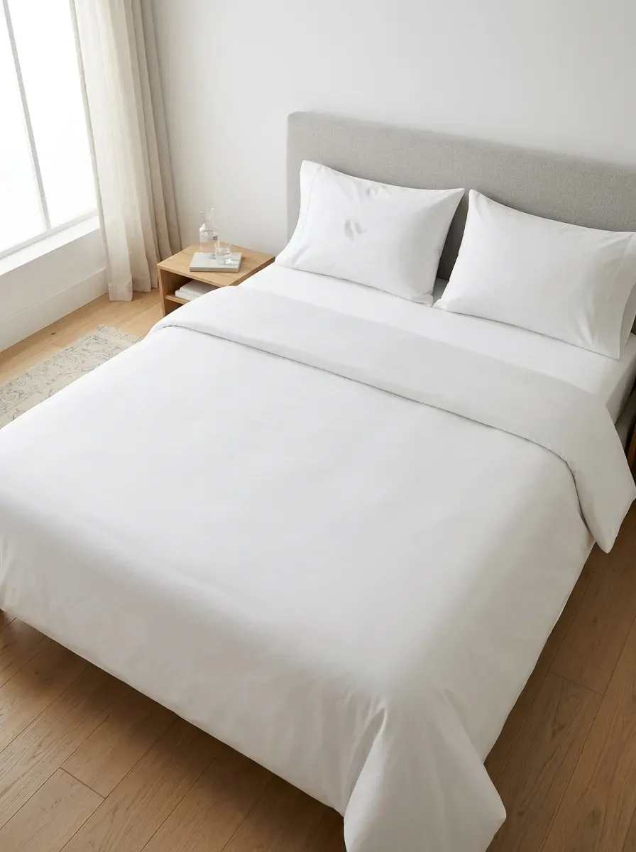 Bed made with crisp solid white hotel-style bedding, just two pillows, clean and unadorned