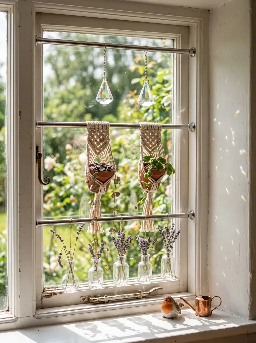 Three stacked tension rods inside kitchen window frame holding hanging plants and glass suncatchers