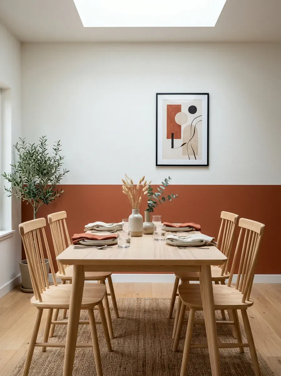 Terracotta lower half and warm white upper half color block wall behind natural wood dining table
