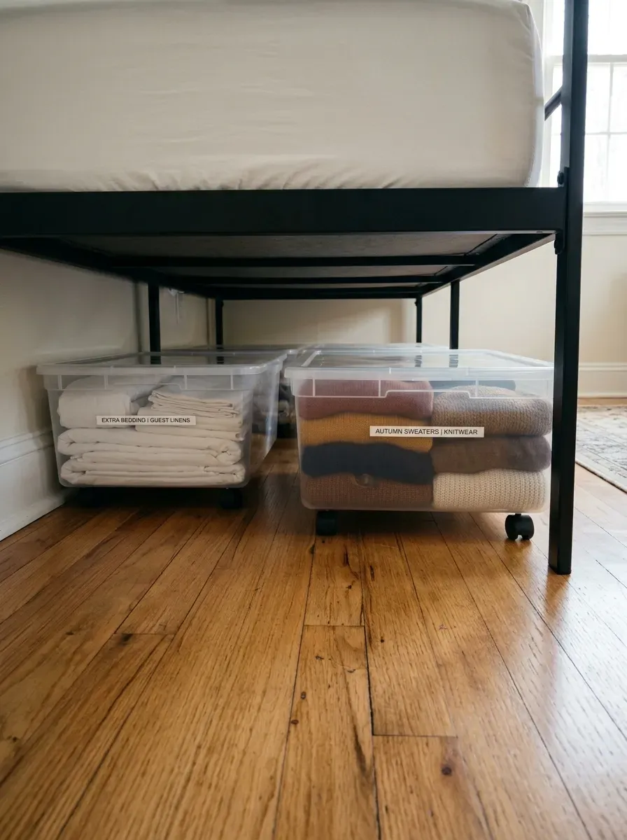 Organized under-bed space with flat rolling clear bins pulled out showing folded clothing and bedding