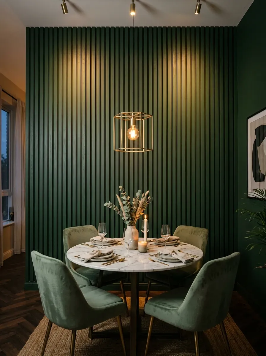 Floor-to-ceiling forest green vertical oak slats behind marble table and sage velvet chairs