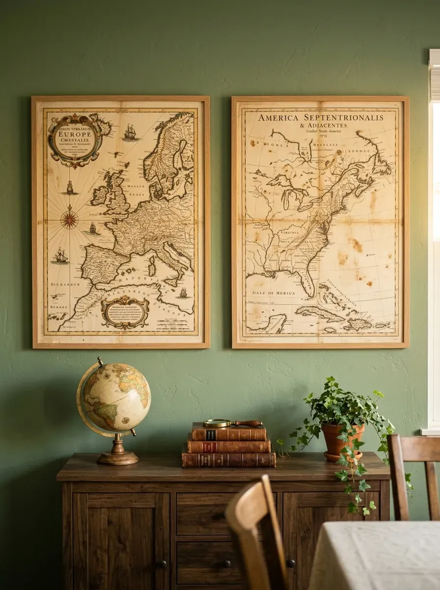 Pair of antique cartographic maps above a dark walnut sideboard with globe and trailing ivy