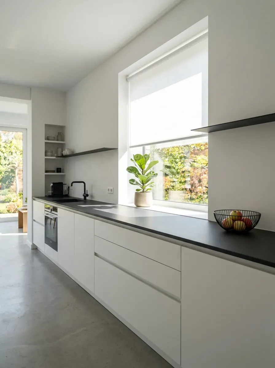 White roller blind pulled halfway down over a large modern kitchen window with dark countertops