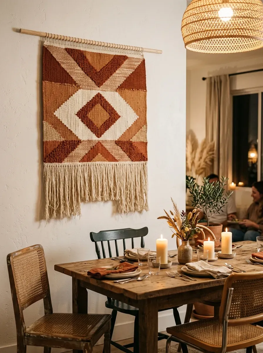 Large geometric woven tapestry in rust and terracotta above a casually set dinner table