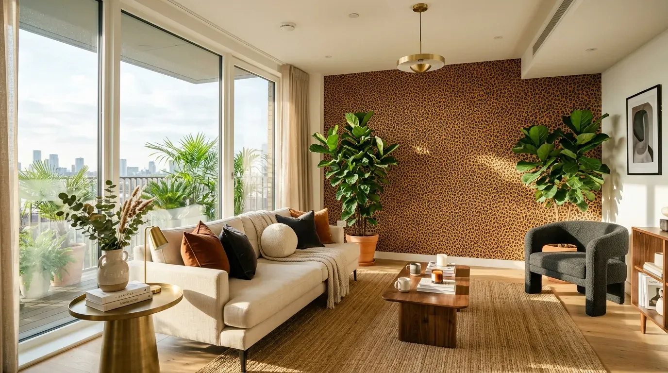 Modern living room with leopard print accent wall and neutral gold decor