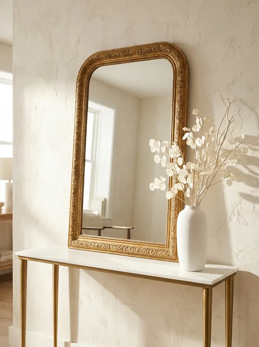 Classy living room with antique gold arched mirror above console table and dried flower vase