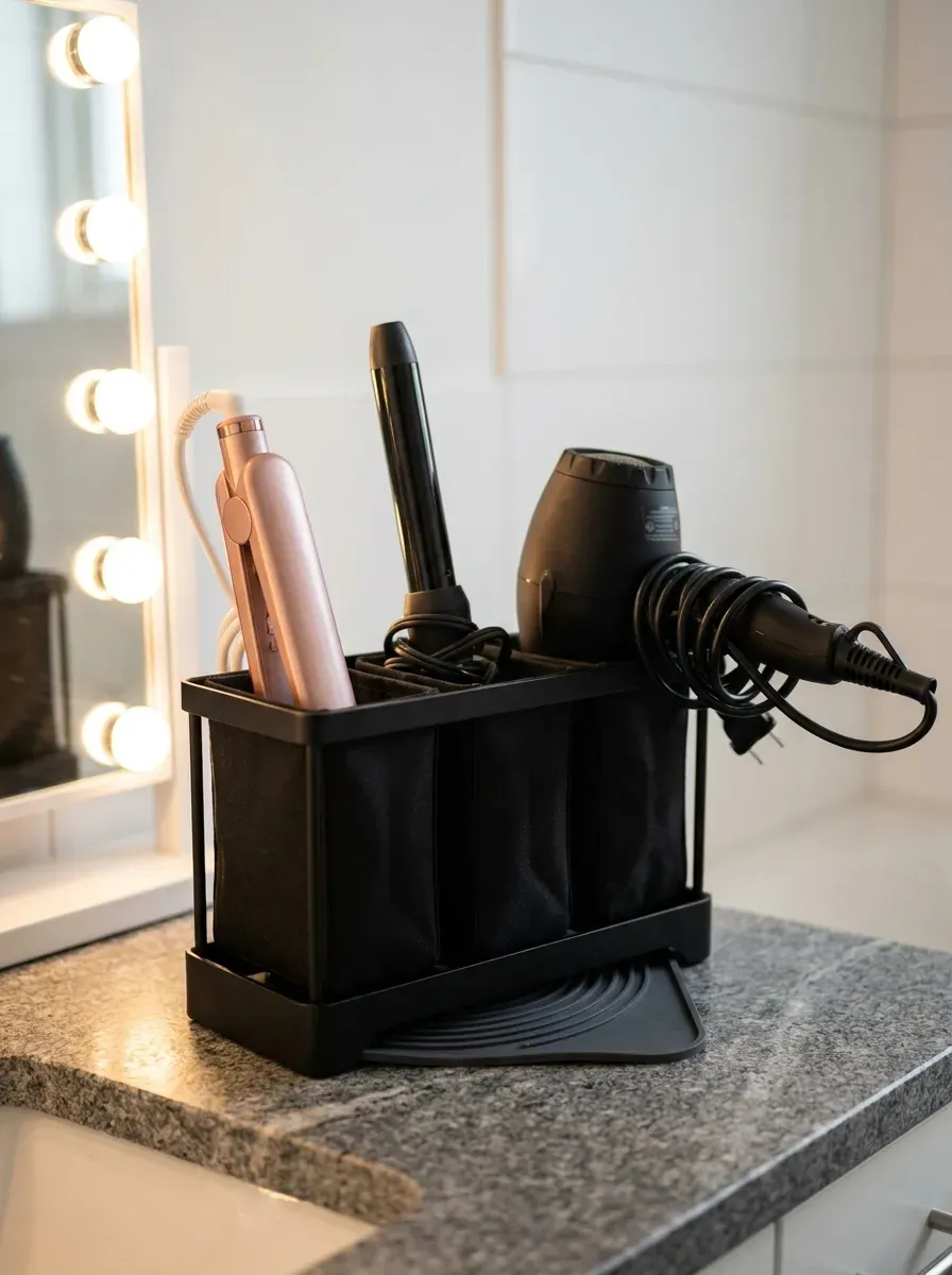 Black hair tool caddy on bathroom counter holding flat iron curling wand and dryer