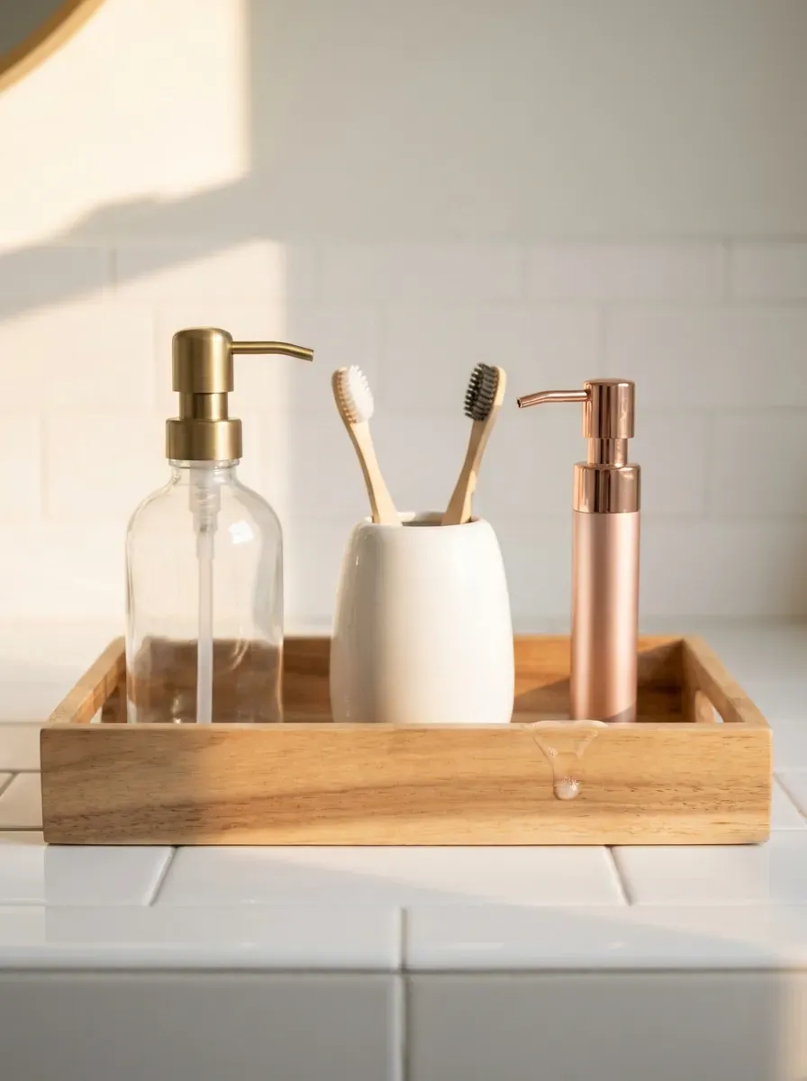 Rectangular wooden tray on white bathroom counter holding soap dispenser and toothbrush holder