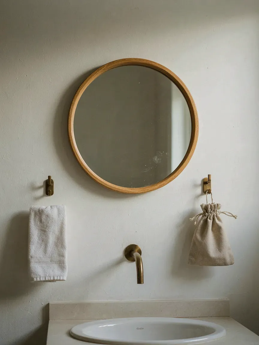 Round wall mirror above bathroom sink with brass hooks holding towel and small pouch