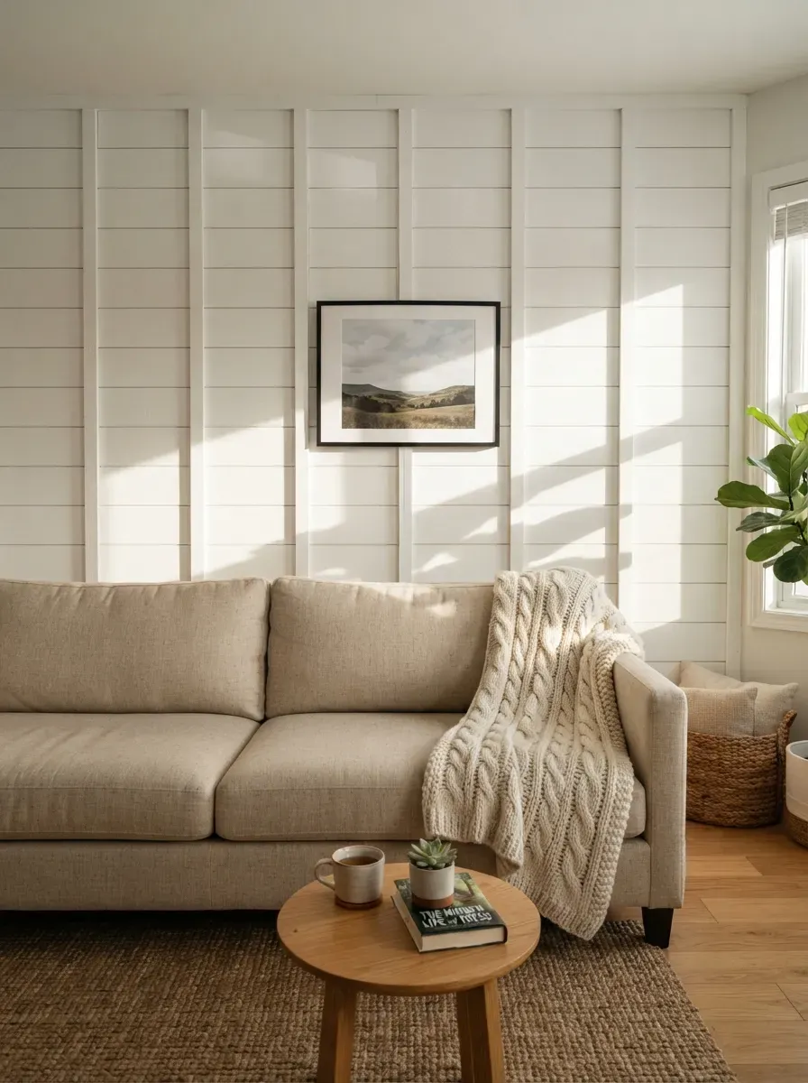 White board-and-batten accent wall with evenly spaced vertical battens behind linen sofa