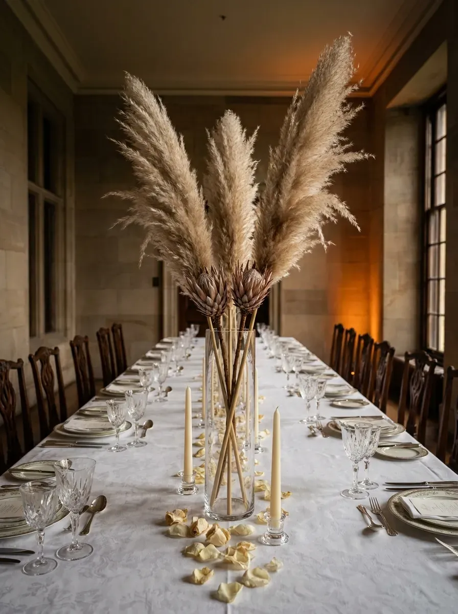 Tall pampas grass and protea vase as dramatic focal point on elegant white linen table