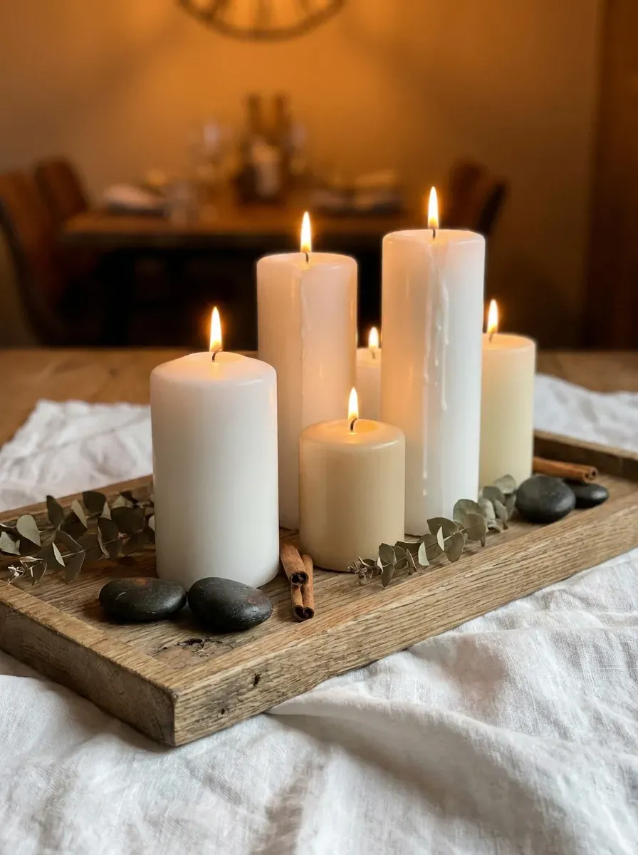 Cluster of varying-height pillar candles on rustic wooden tray with eucalyptus