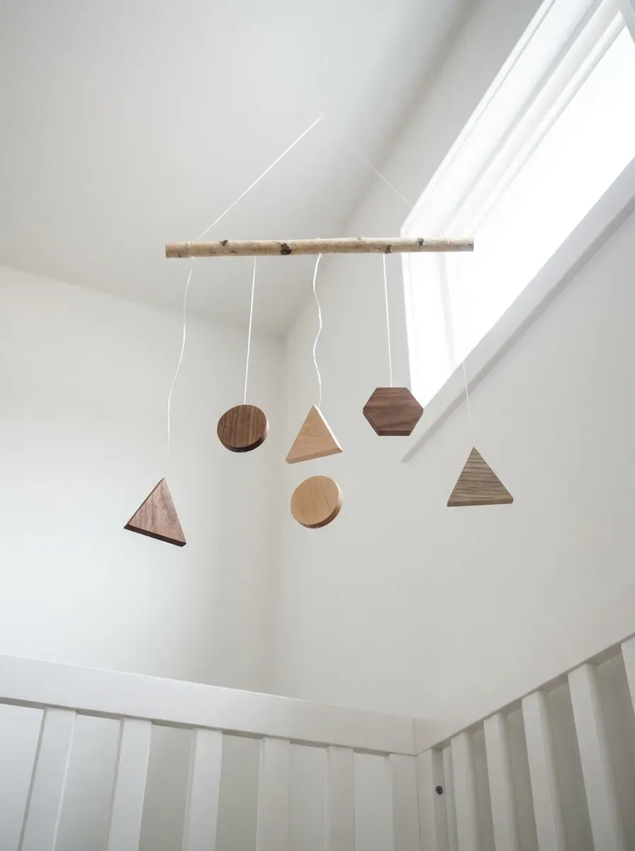 Handcrafted wooden geometric mobile hanging above white crib on clear line
