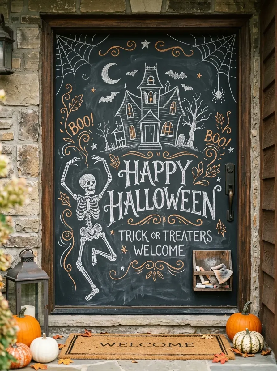 Halloween chalkboard door displays haunted house, skeleton, webs, bats, and artwork