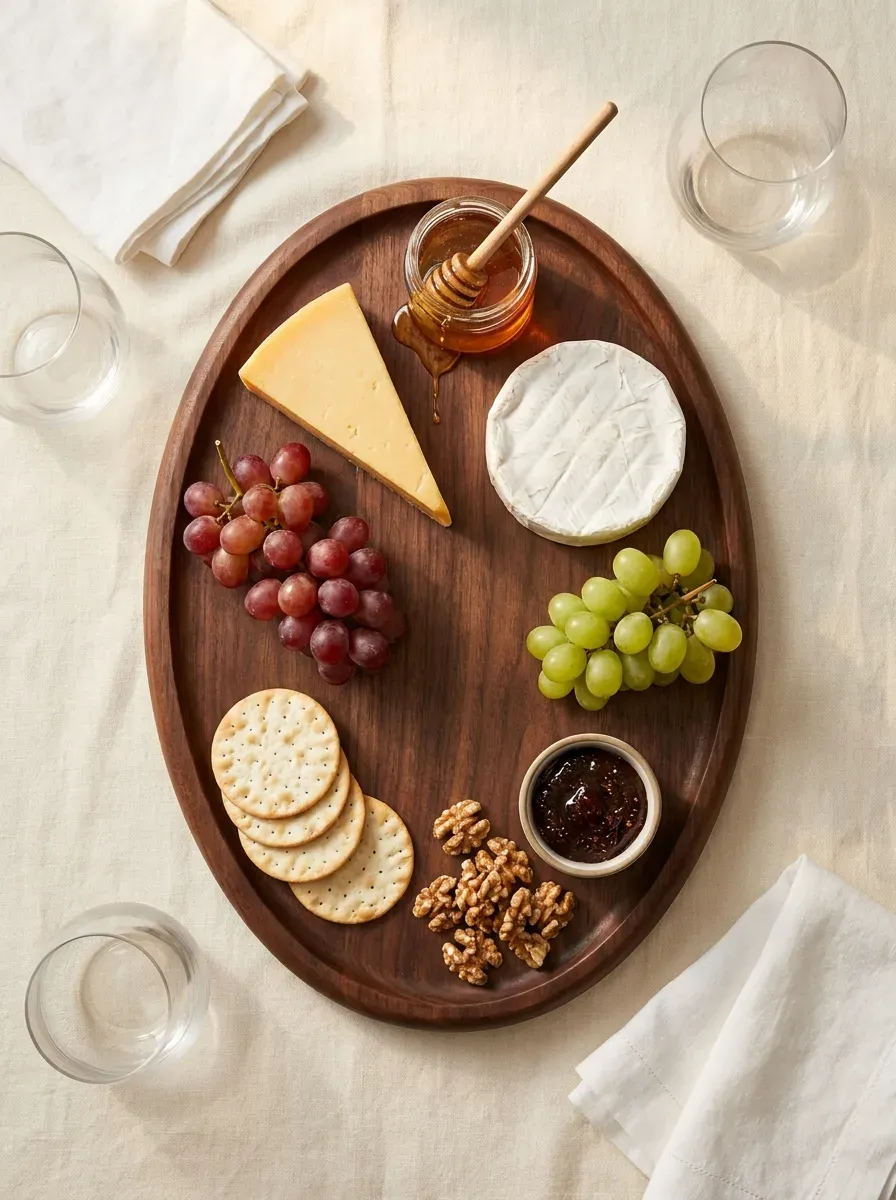 Styled wooden charcuterie board with cheeses, grapes, honey, crackers, and fig jam