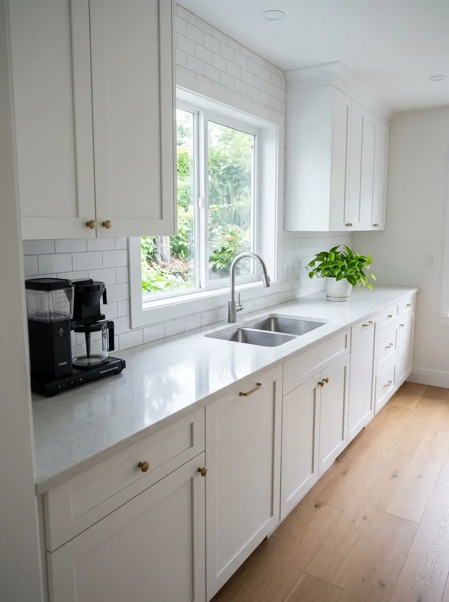 A small kitchen with completely clear stone countertops and only a coffee maker and plant visible