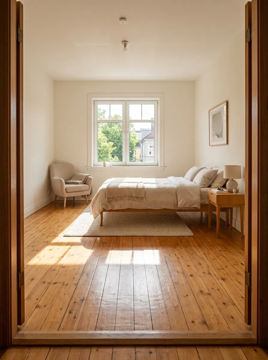 A small apartment bedroom with completely clear hardwood floors and furniture raised on legs