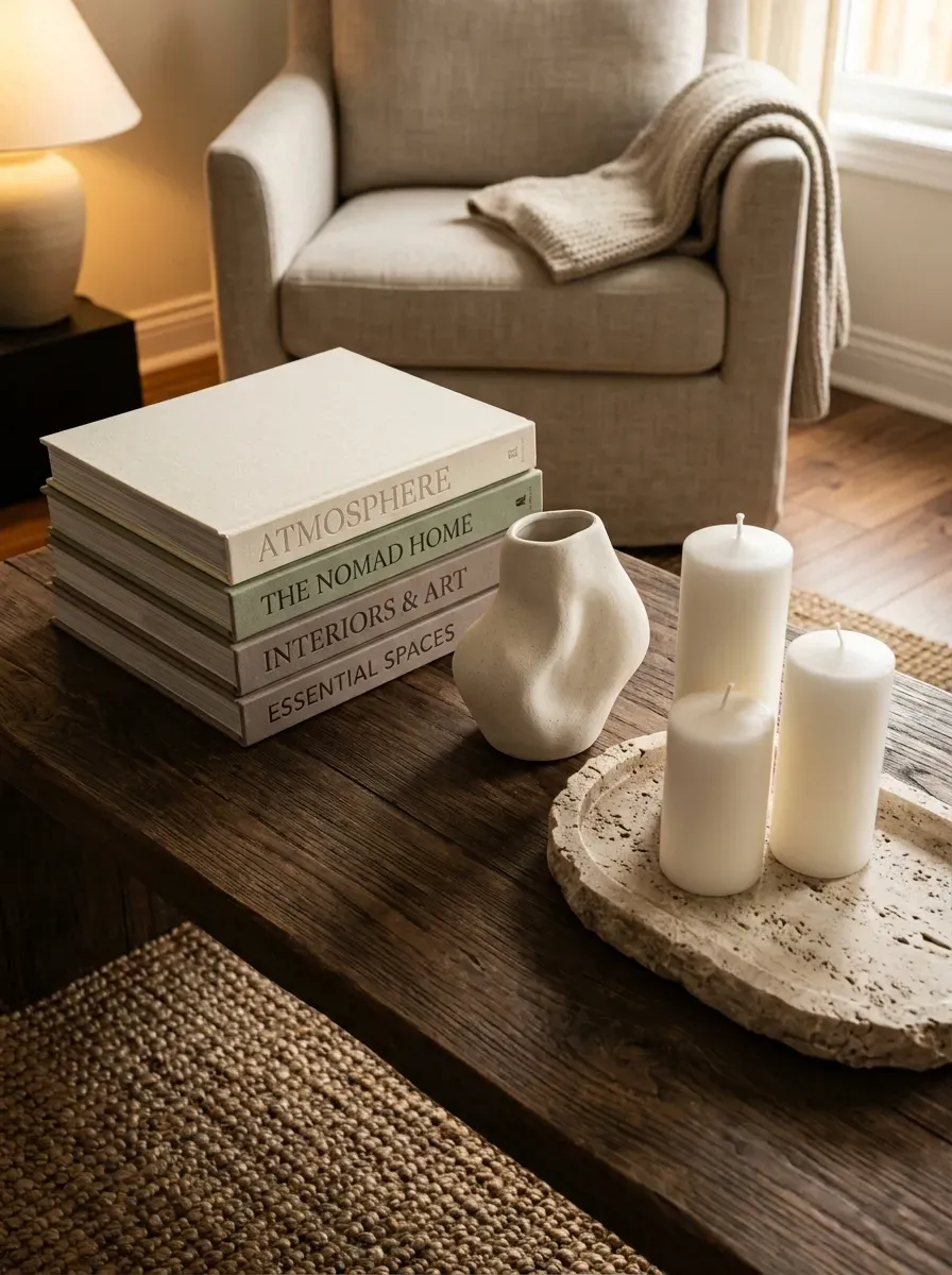 Classy coffee table with stacked design books sculptural ceramic and white candles on travertine tray