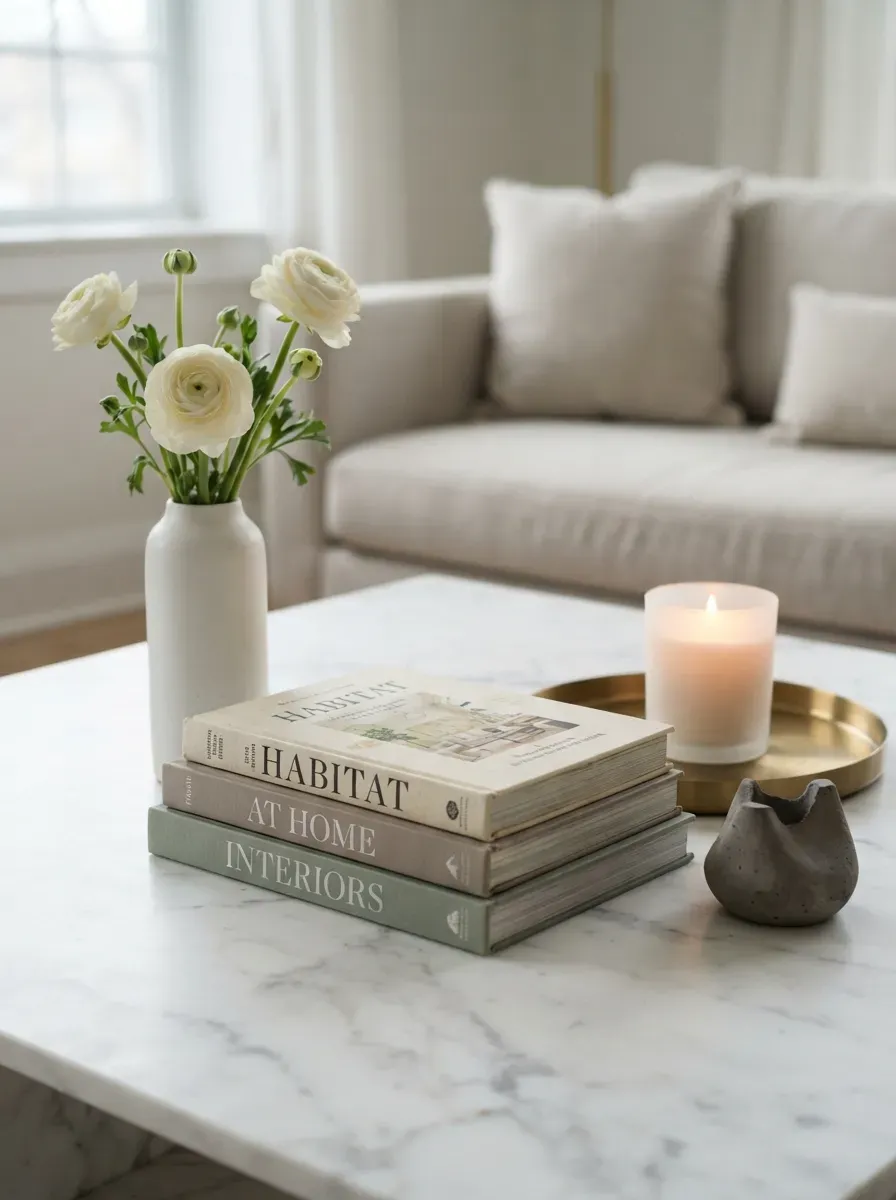 Styled marble coffee table with books vase flowers and decorative tray