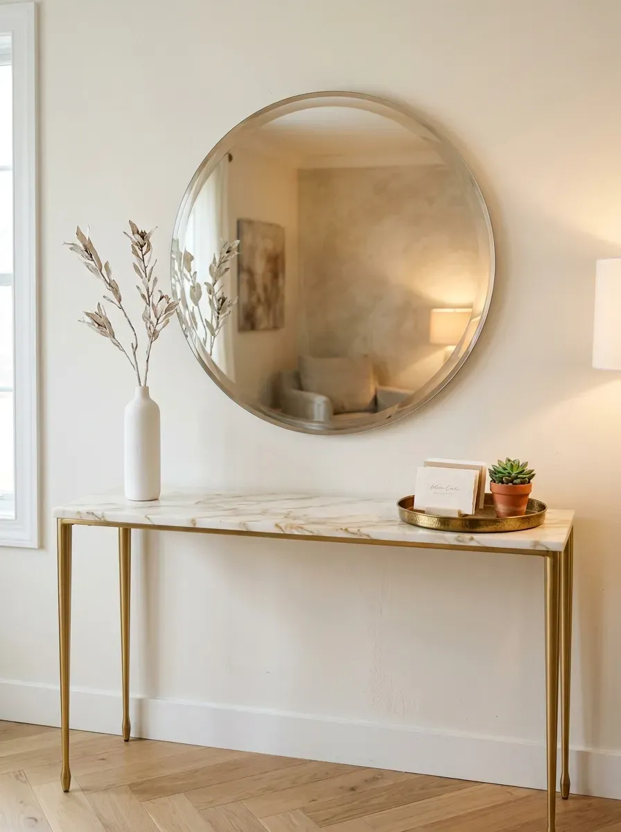 Classy living room console table with marble top round mirror tall ceramic vase and brass tray