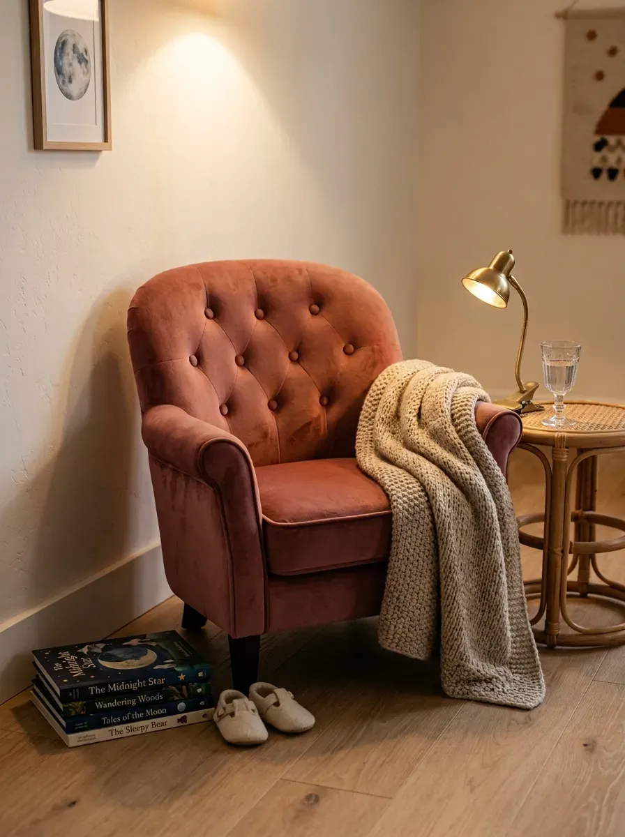 Small dusty rose velvet armchair with knit blanket and stacked picture books in a children's bedroom corner