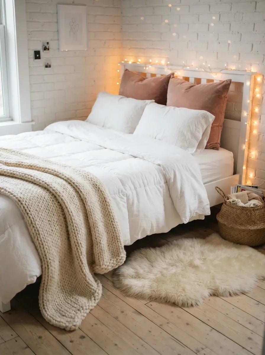 Teen bed styled with white comforter velvet pillows chunky knit blanket and fairy lights