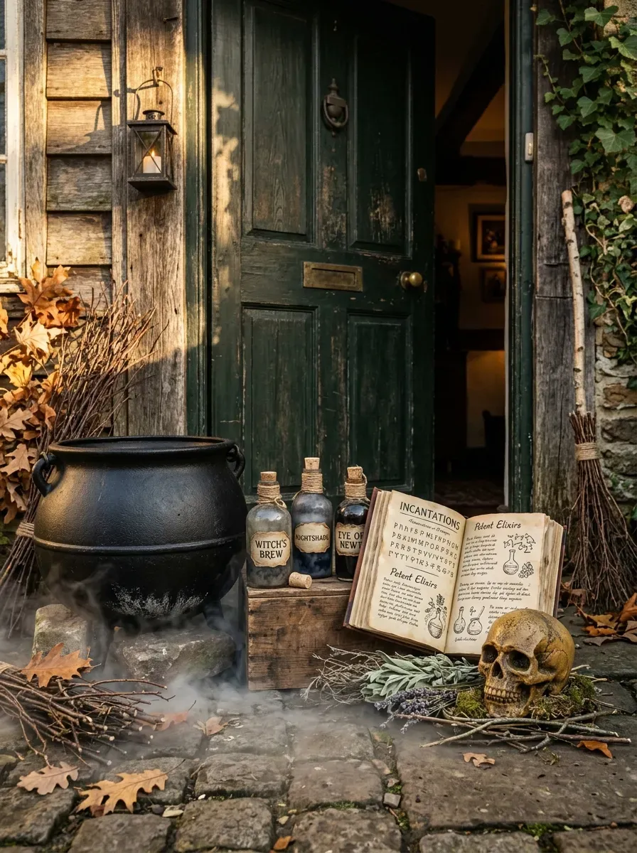 Black cauldron, potion bottles, spell book, skull, and fog create witchy entrance