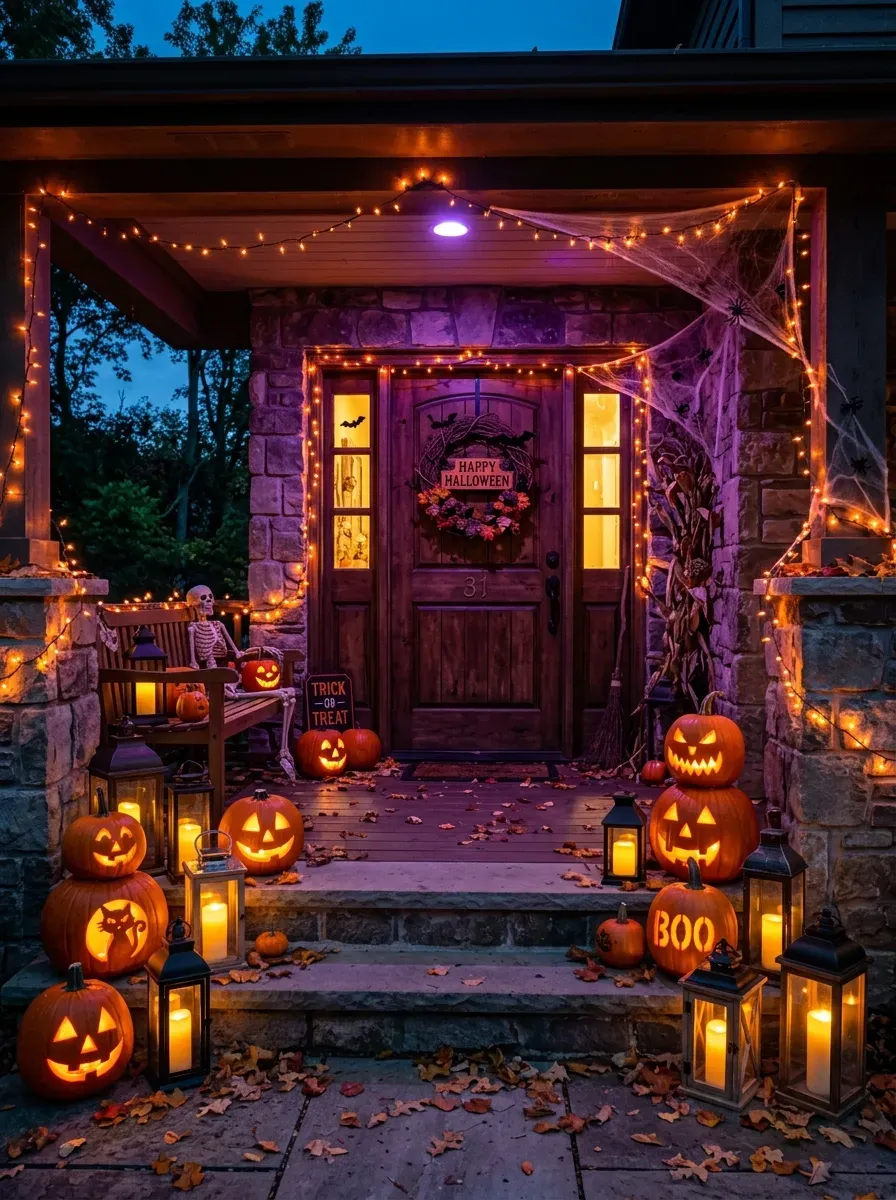 Halloween porch glowing with lanterns candles orange lights pumpkins evening atmosphere