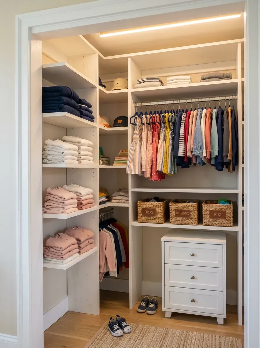 Neatly organized white children's closet interior with matching hangers and wicker baskets